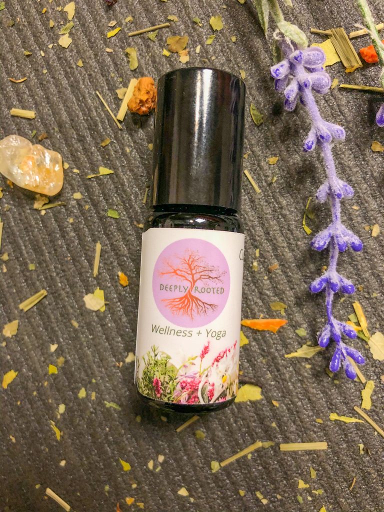 custom essential oil blend Deeply Rooted Wellness + Yoga in 10ml biophotonic glass