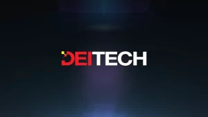 Deitech logo with red and white text over black square background