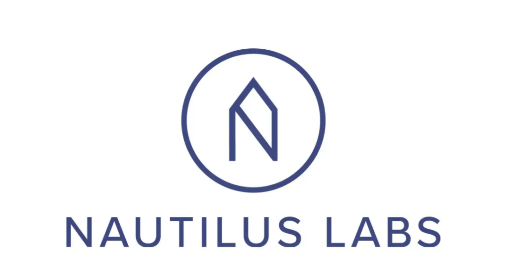 image of Nautilus Labs logo, navy blue print on white background with abstract white house logo