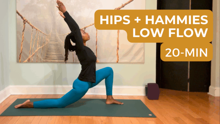 Erica Rascon, black yoga teacher and YouTuber, is in low lunge. The script notes a 20-min long yoga flow for tight hamstrings and hips.